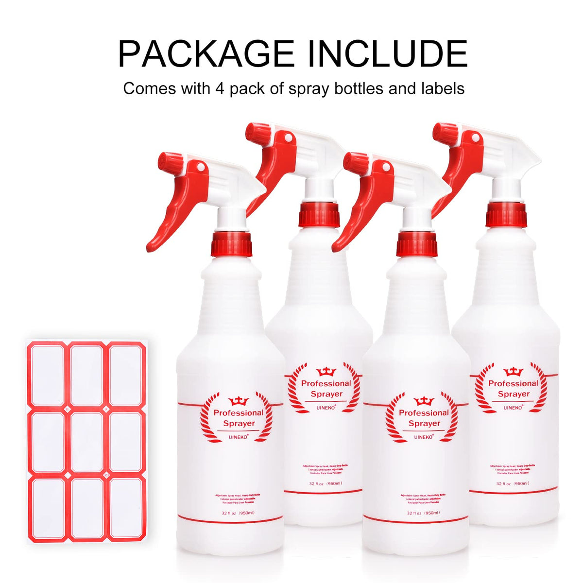 Uineko Plastic Spray Bottle (4 Pack, 32 Oz, All-Purpose) Heavy Duty Spraying Bottles Leak Proof Mist Empty Water Bottle for Cleaning Solution Planting Pet with Adjustable Nozzle and Measurements