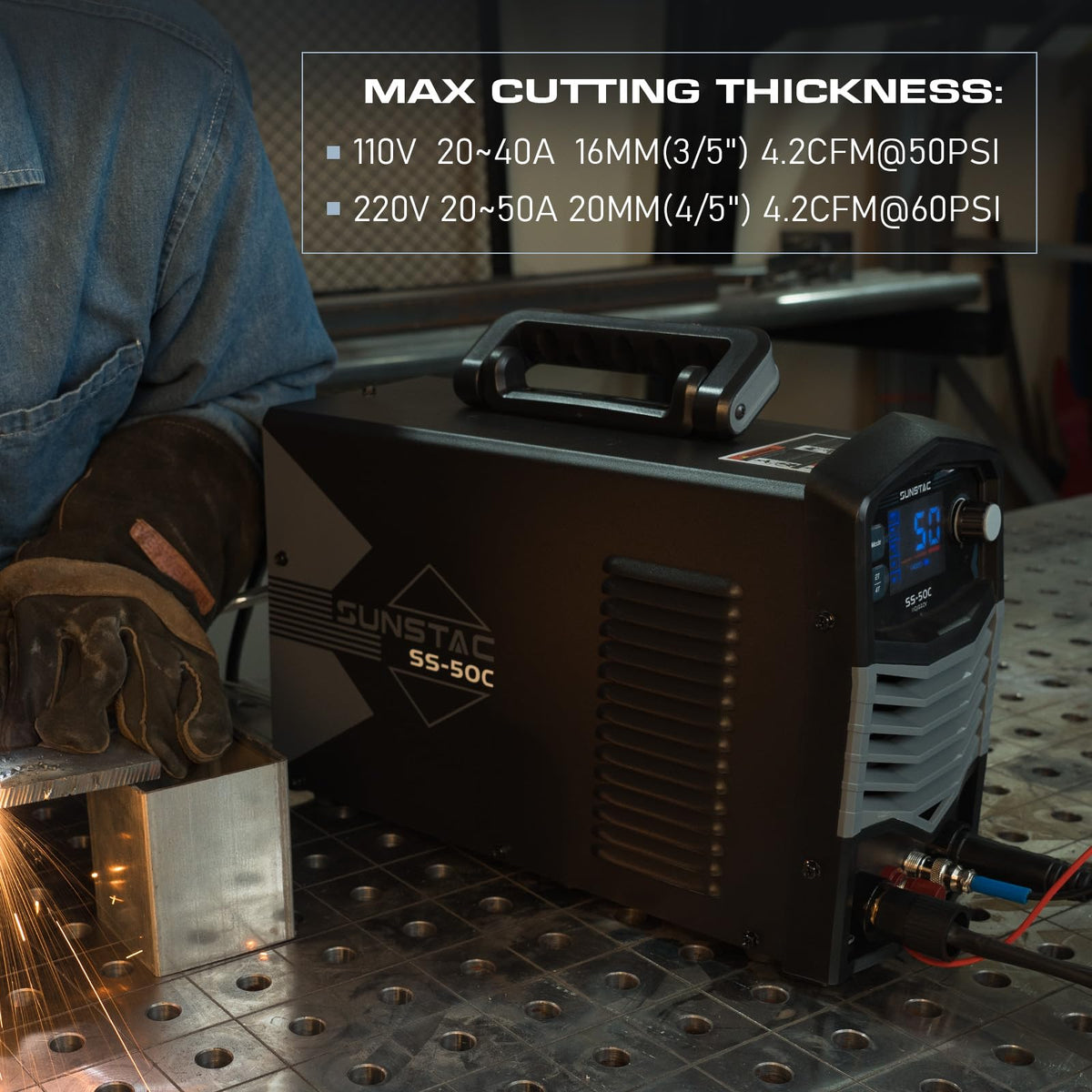 Sunstac Plasma Cutter, Non-Touch Pilot Arc 50Amps Non-High Frequency Plasma Cutting Machine with Large LCD Display 110/220V Dual Voltage IGBT Inverter 4/5 Inch Max Cut 2T/4T, for Beginners DIY