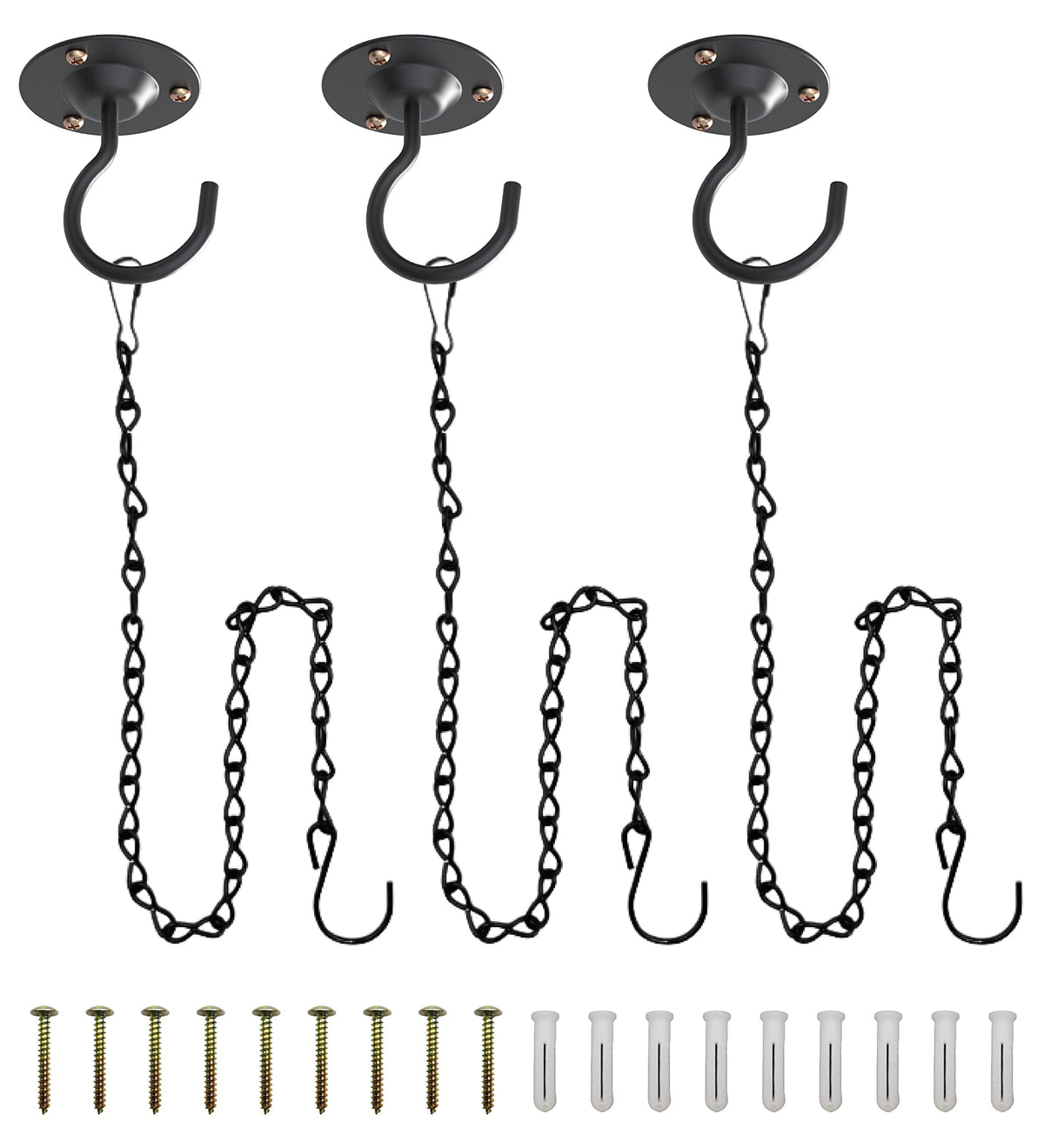 NACETURE Ceiling Hooks for Hanging Plants 3 Pack - Plant Hanger Indoor Hanging Hooks Metal Plant Bracket Iron Lanterns Hangers for Wind Chimes (Black 3 Pack + Chain)