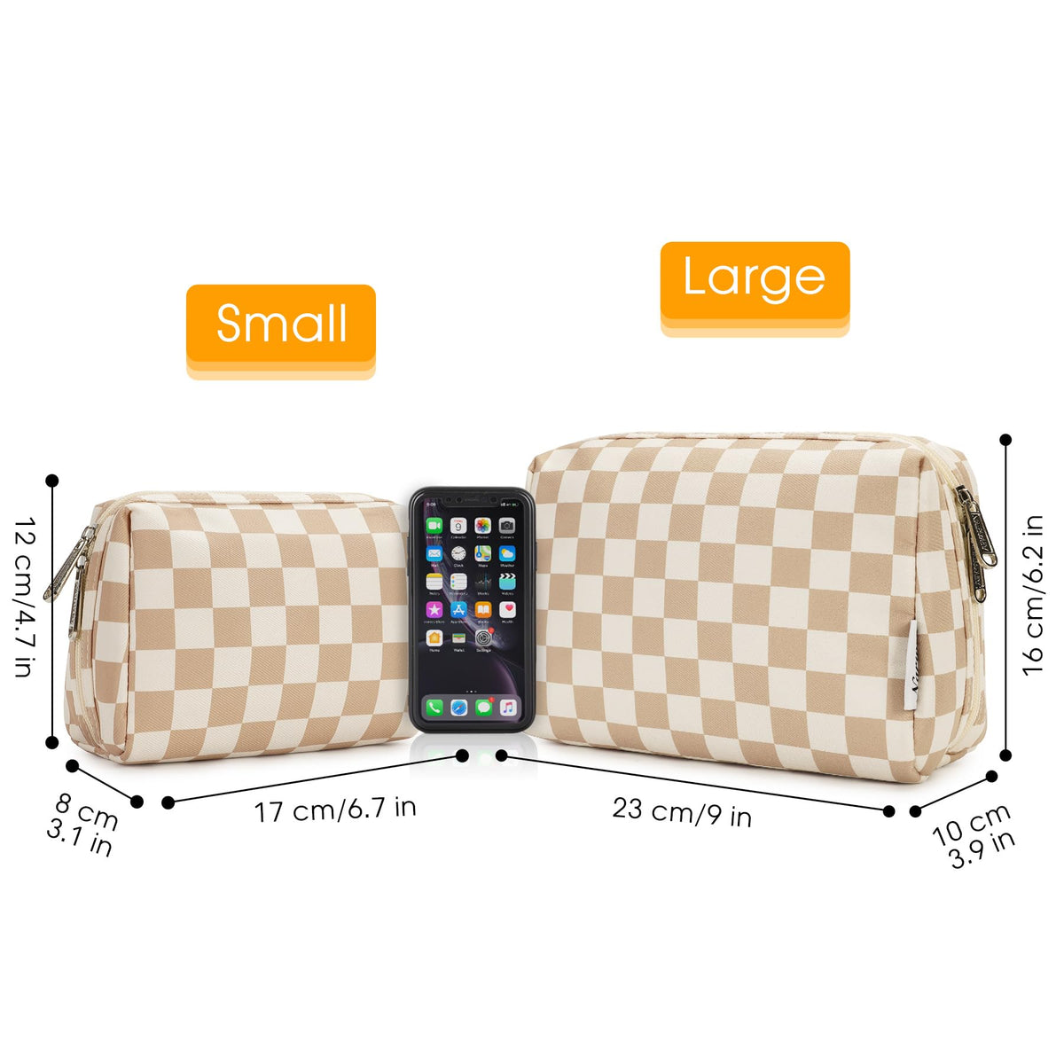 Narwey Small Checkered Makeup Bag for Purse Mini Cosmetic Bag Travel Makeup Pouch Zipper Pouch Cute Make up Bags with Compartments for Women Girls (Light Checkerboard, Small)