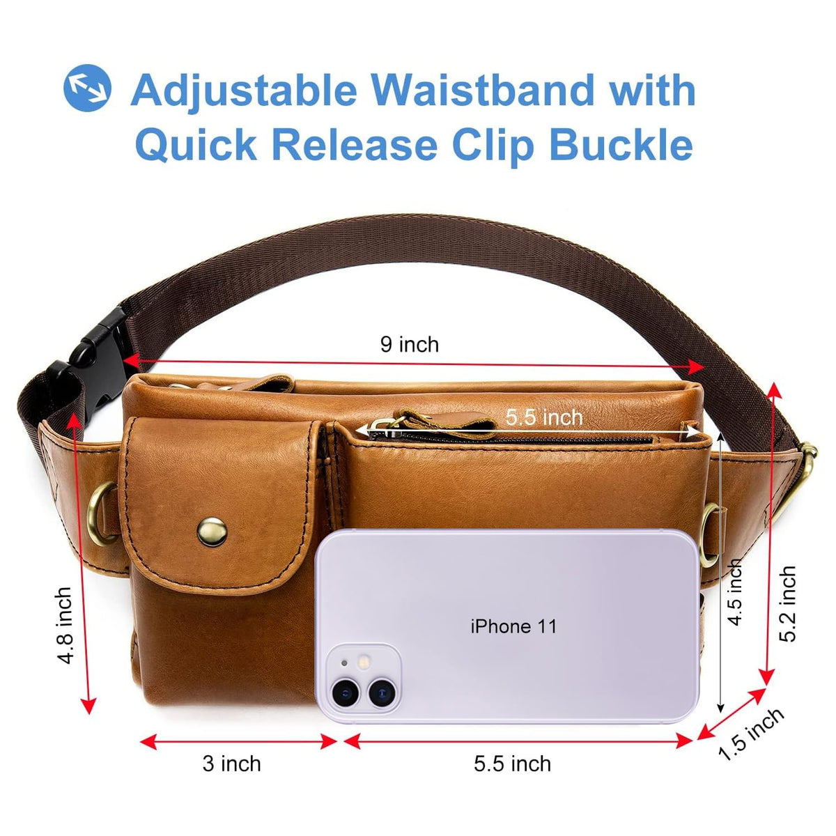 NIUCUNZH Cowhide Waist Fanny Pack-Genuine Leather and Slim with Adjustable Waistband Brown