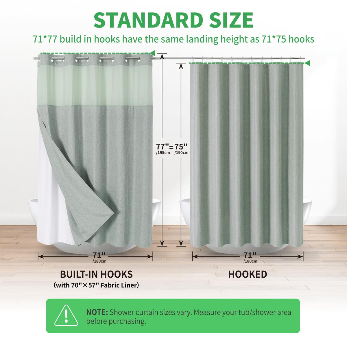 eachope No Hooks Needed Linen Textured Shower Curtain with Snap-in Fabric Liner Set,Sage Green Hotel Luxury Decor Shower Curtains for Bathroom,Water Repellent & Washable,71Wx77H