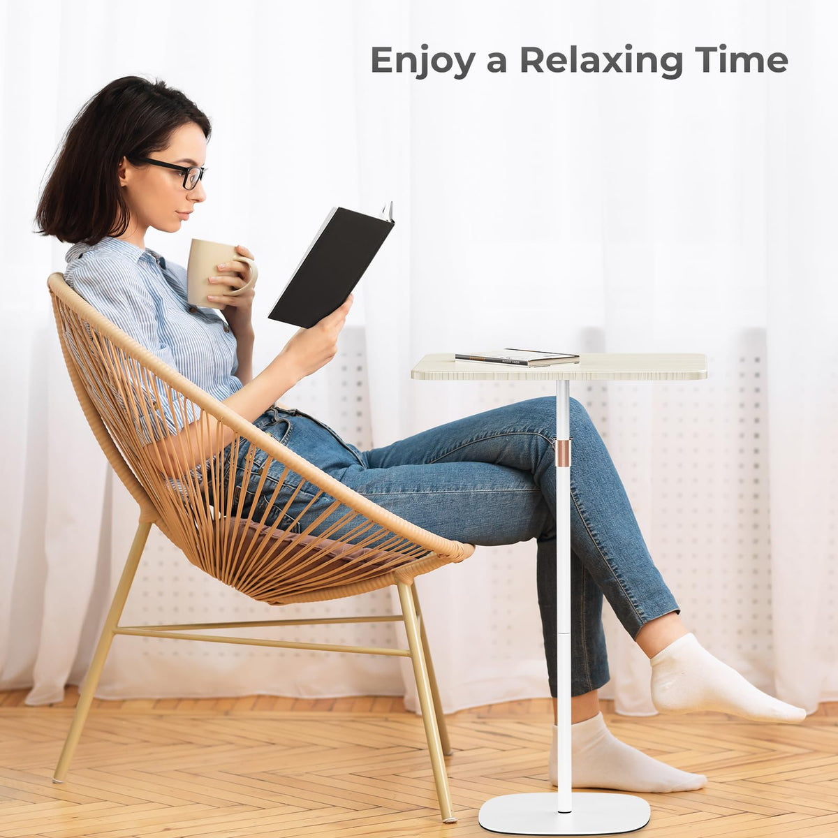 POLESTO Portable Laptop Floor Stand, Bedside/Sofa Table with Height Adjustable 18''~48'', Sleek Wooden Lectern Standing Desk Mobile Podium for Home, Office, School, White