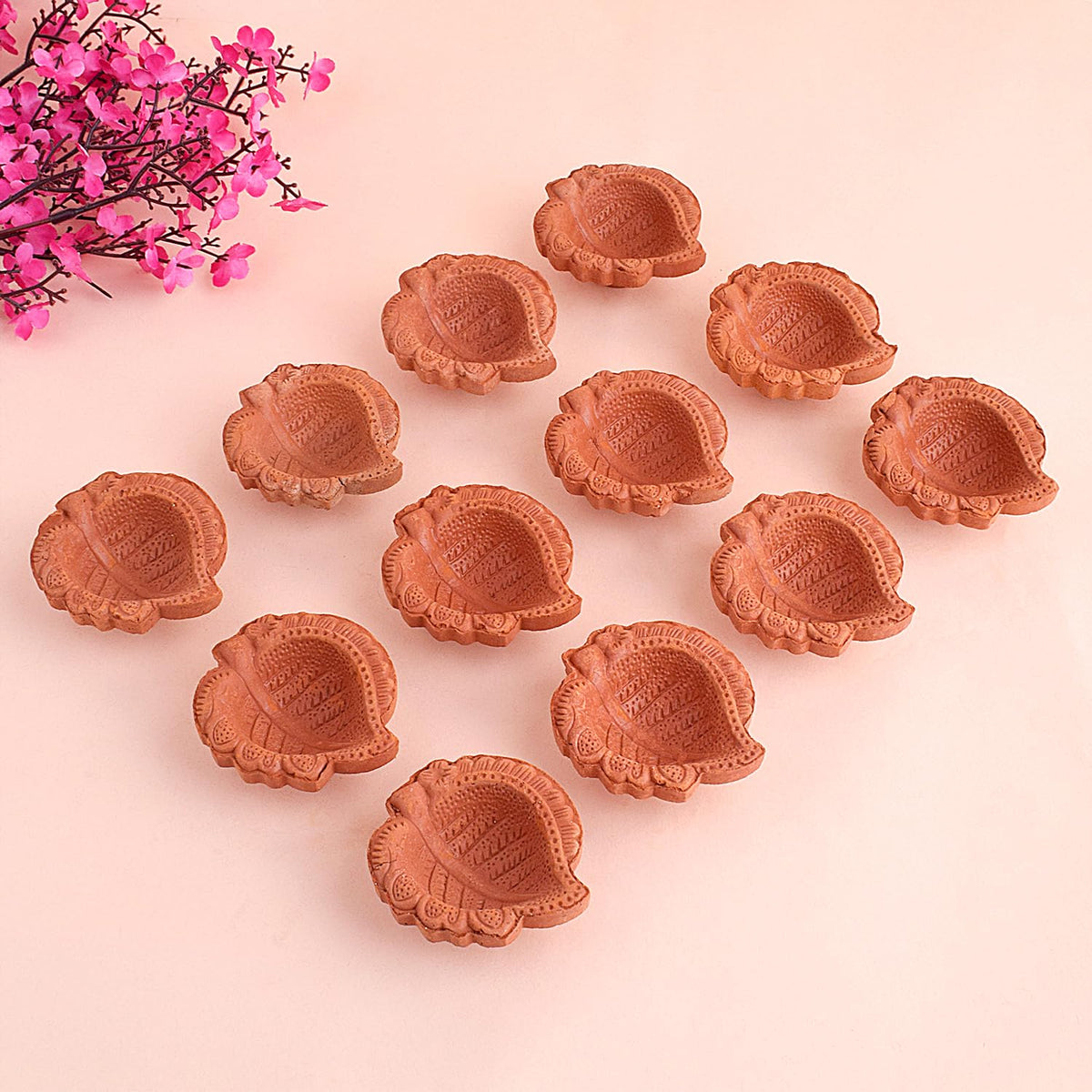 Craftsman 12 Pc Clay Diya Set, Handmade Terracotta Oil Lamps, Design 2, Brown, Model DIYA113 for Diwali Festive Decor