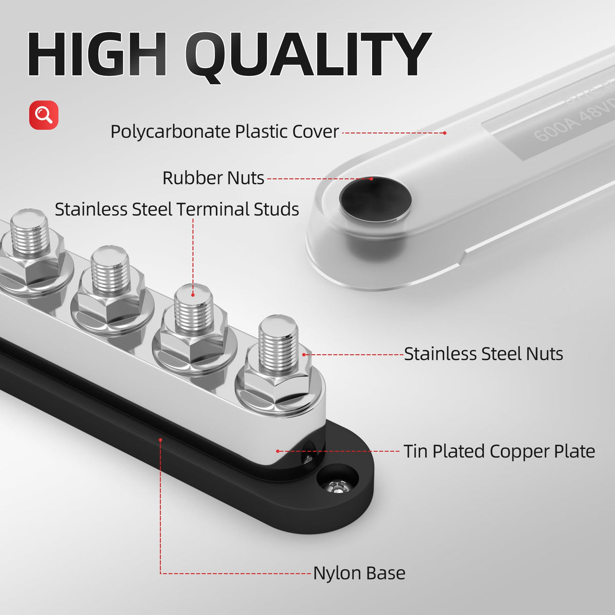 DAIERTEK 600A Power Distribution Block 12V Bus Bar Terminal Block 6 x 3/8" Terminal Studs 12 Volt Marine Bus Bar with Cover Positive & Negative for Automotive Car Boat Solar System