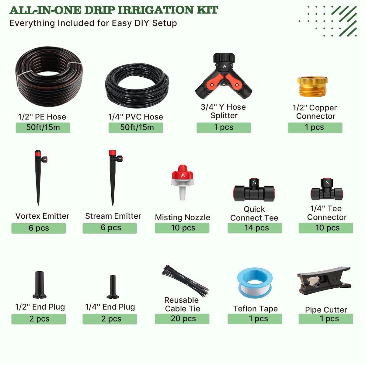A ANLEOLIFE 100FT Drip Irrigation Kit, All-in-One Quick-Connect System with 1/2” Mainline + 1/4” Tubing, Y Splitter, 22 Adjustable Emitters & Nozzles for Raised Beds, Greenhouse, Vegetable Garden
