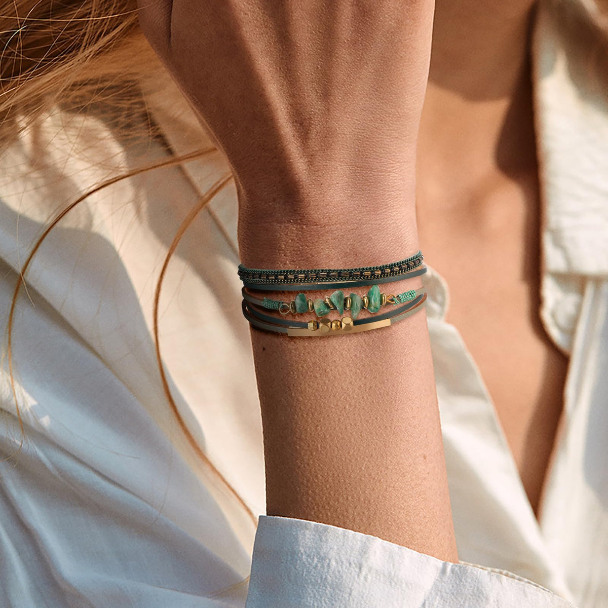 Fesciory Leather Wrap Bracelets for Women, Boho Leopard Multi-Layer Crystal Beads Cuff Bracelet Jewelry (Stone(Green1))