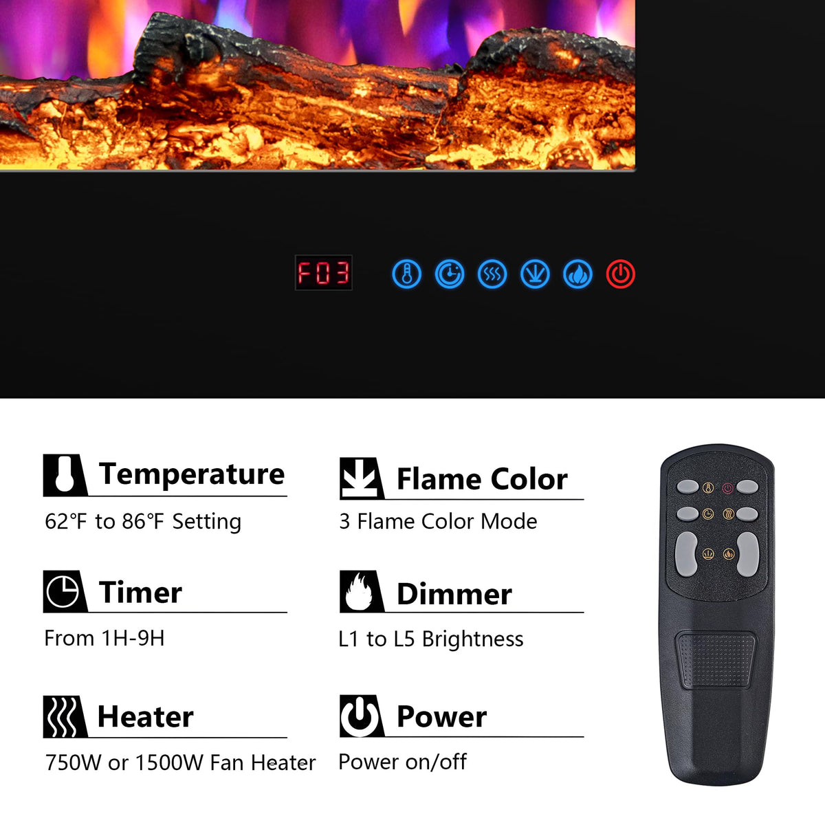 Valuxhome 45" Electric Fireplace Heater for Living Room,Timer, Overheating Protection, 5100BTU,Touch Screen, Black