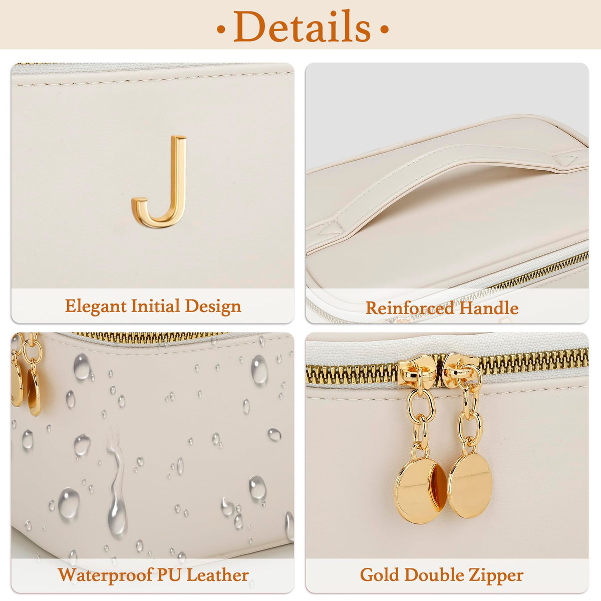 CLOUDWINGS Personalized Initial Makeup Bag Gifts for Women, Large Travel Cosmetic Organizer with Handle & Divider, PU Leather Toiletry Bag for Girls, Birthday Bridesmaid Gift Set - Beige - J