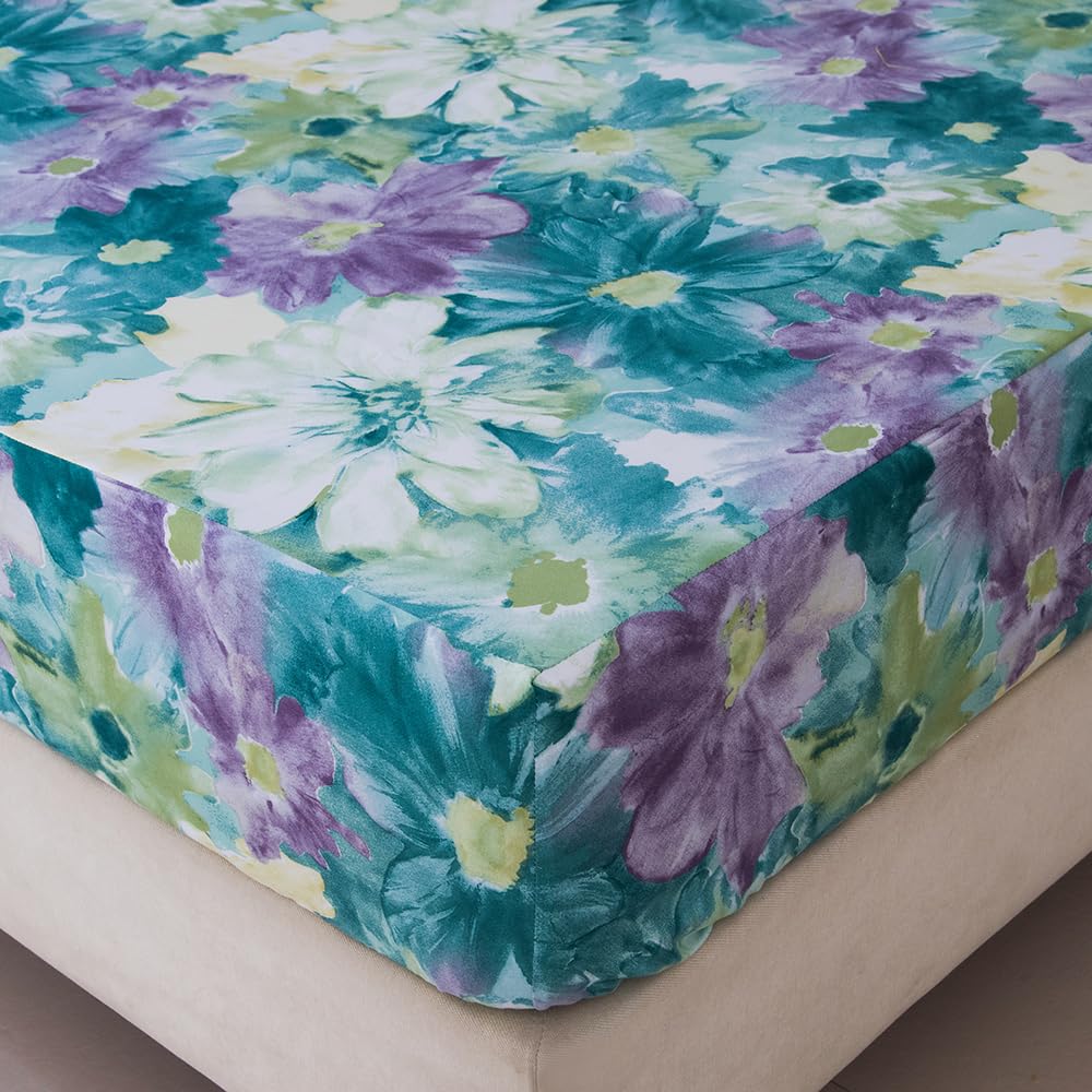 NATURETY Bedding Fitted Sheet with Deep Pocket,Oil Painting Style Fabric Bed Sheets (Green Floral,Queen)