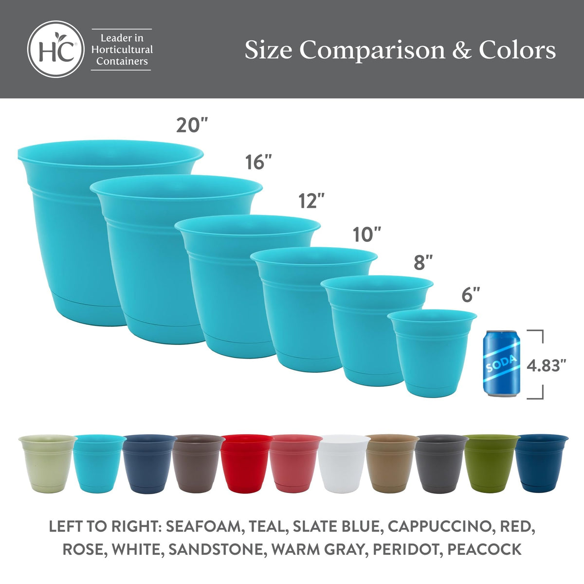 The HC Companies 6 Inch Eclipse Round Planter Pots with Drainage Holes & Attached Saucer, Lightweight UV-Resistant Plastic Indoor Outdoor Planters, 4-Pack Flower Pots for Garden & Home Decor, Seafoam