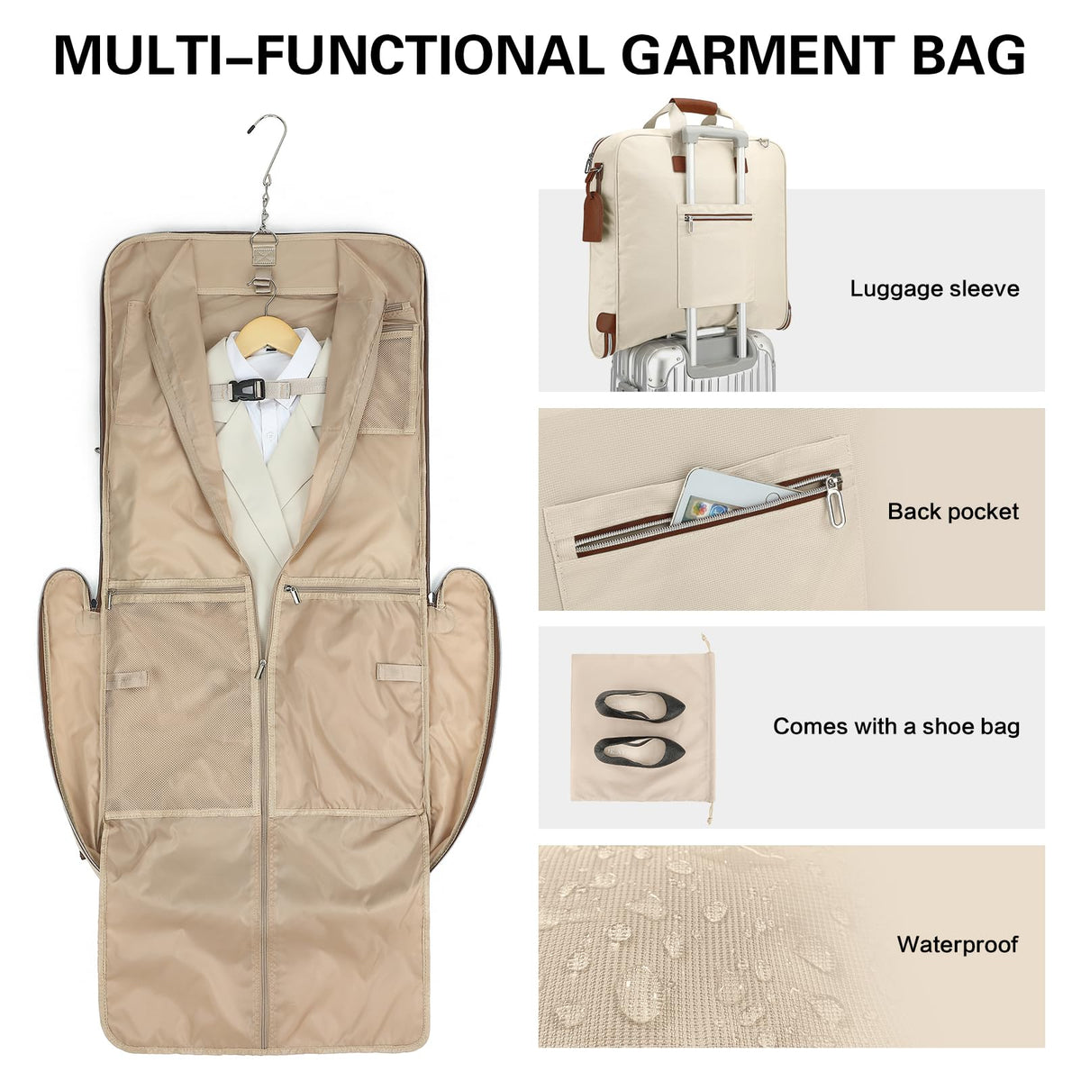 TONRUYN Travel Garment Bag Carry on Suit Bag for Women 51'' Waterproof Garment Bags Dress Bag for Travel Business Hanging Suitcase Luggage with Shoulder Strap Free shoes bag Fit 15.6'' Laptop, Beige