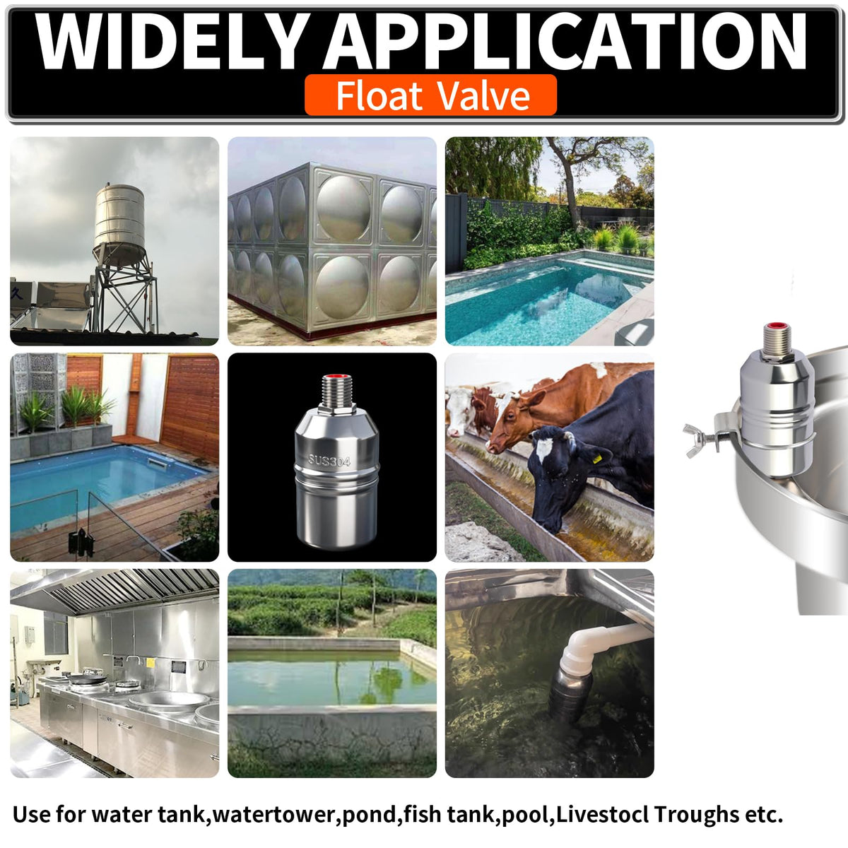 1/2“ 304 Stainless Steel Automatic Water Level Control Float Valve for Water Tank, Cattle Trough, Pools, Livestock (With Elbow, Metal Clip, 1/2" to 3/4" adapter) (3-Pcak)