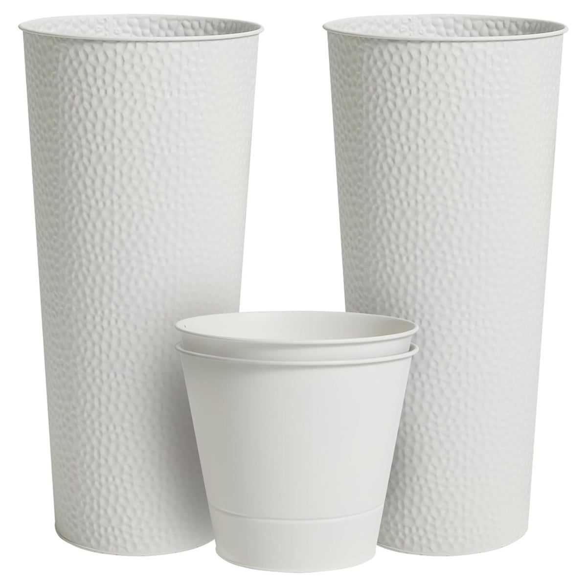 Worth 2 Pack 28" Tall Narrow Metal Planter with Inside Pot for Indoors or Outdoors, Deck, Patio or Front Porch, Hand-Hammered Texture, White