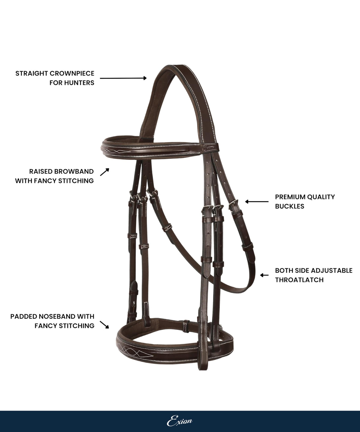 Exion Hunter Anatomic English Bridle – Padded Fancy Stitched Leather Bridle with Rubber Reins – Ergonomic Poll Relief Crownpiece for Jumping & Eventing – Stainless Steel – Havana Brown