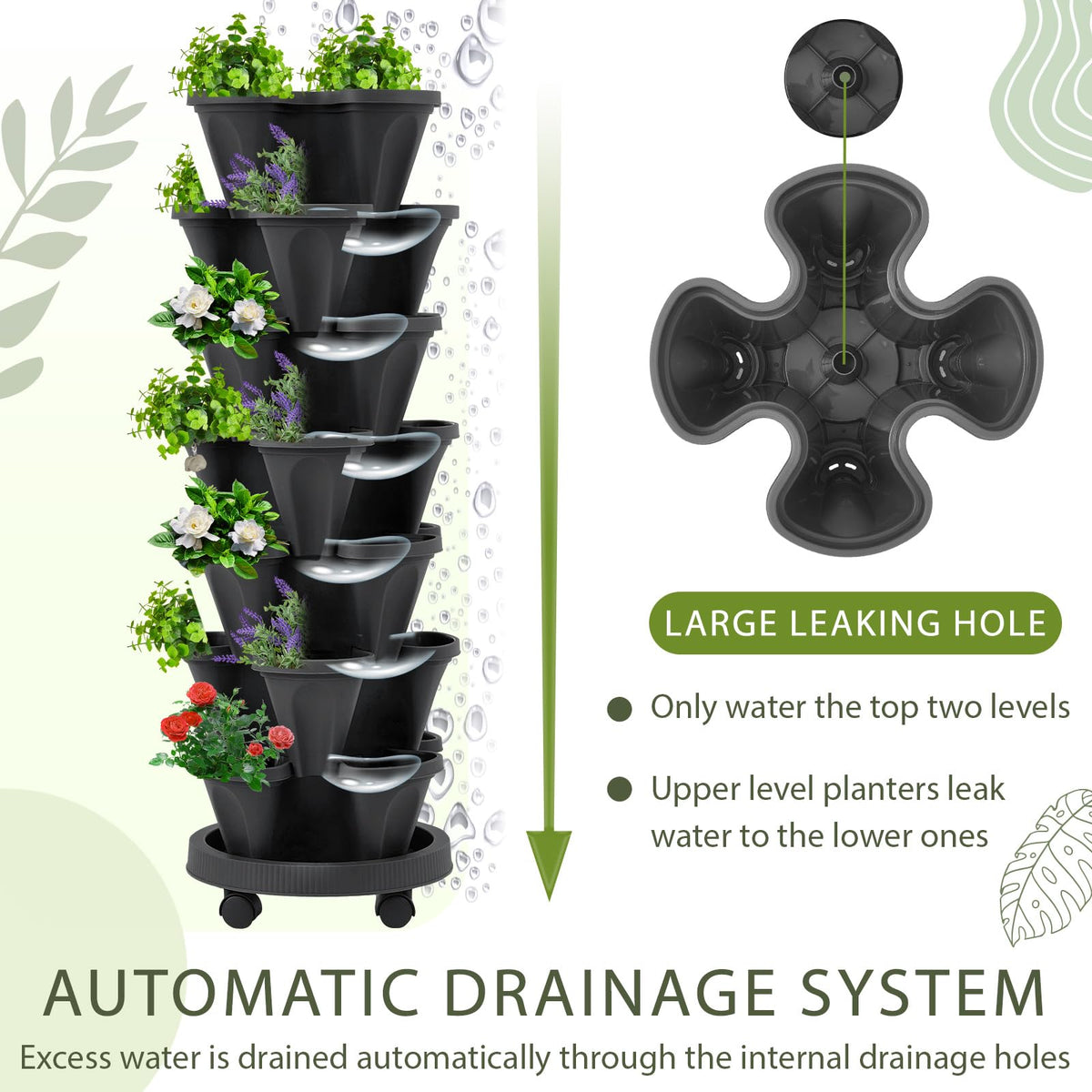 Umigy 2 Set of 7 Tier Vertical Planter Stackable Tower Planters Strawberry Herb Flower and Vegetable Pots Indoor Outdoor Gardening Pots with Removable Wheels and Tools(Black)