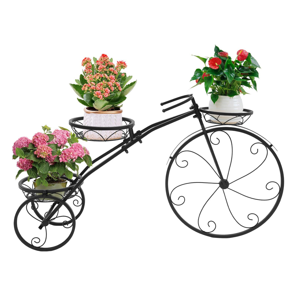 VNUIWDSG Three-wheeled Plant Stand Plant Corner Shelf, Iron Baking Paint Rust-Resistant, 22.05LBS Load 3 Fenced Baskets, Bicycle Design Easy Move, Living Room Garden