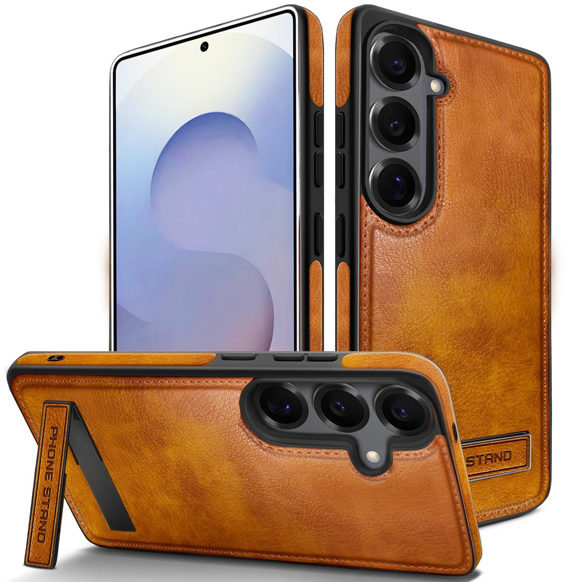 KSELF Leather Case with Stand for Samsung Galaxy S26 Case, Protective Soft Grip Luxury Cover for Men, Protective Slim Kickstand Shockproof Phone Cases Compatible with S26 6.3", Brown