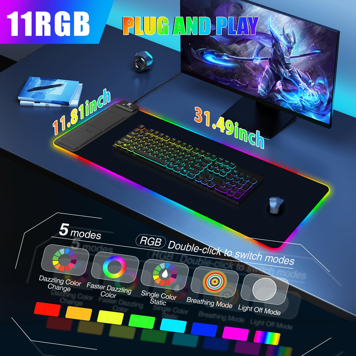 RGB Mouse Pad with Foldable Phone Stand Wireless Charger, 31.5"x11.8" XL Gaming Mousepad Large Desk Mat, Desk Pad with 11 Colors 5 Modes, Waterproof (Black with PD Adapter)
