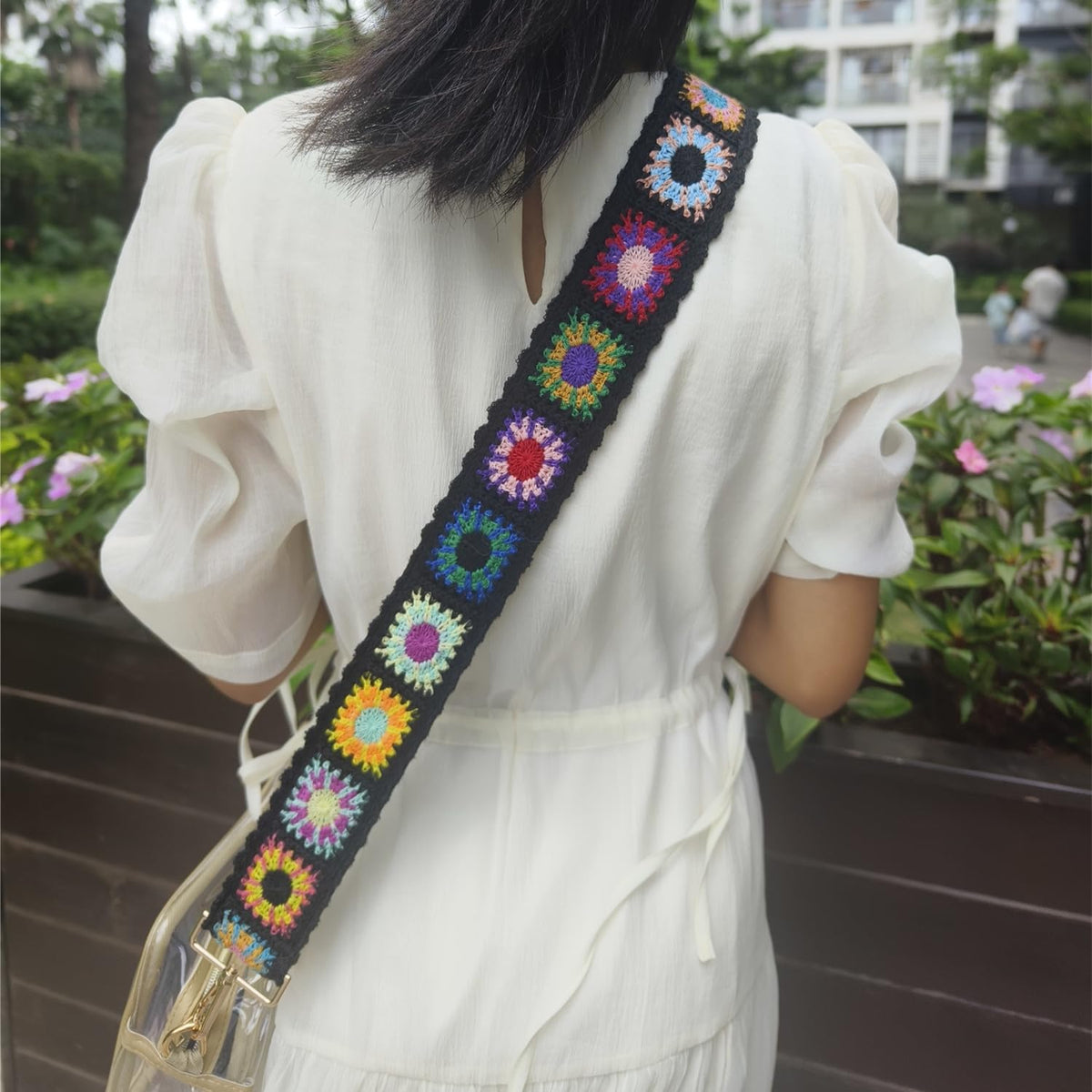 Greaciary Wide Purse straps Crochet Flower replacement crossbody for Handbags Adjustable Embroidery Knit Guitar Shoulder strap for Bag (Black floral)