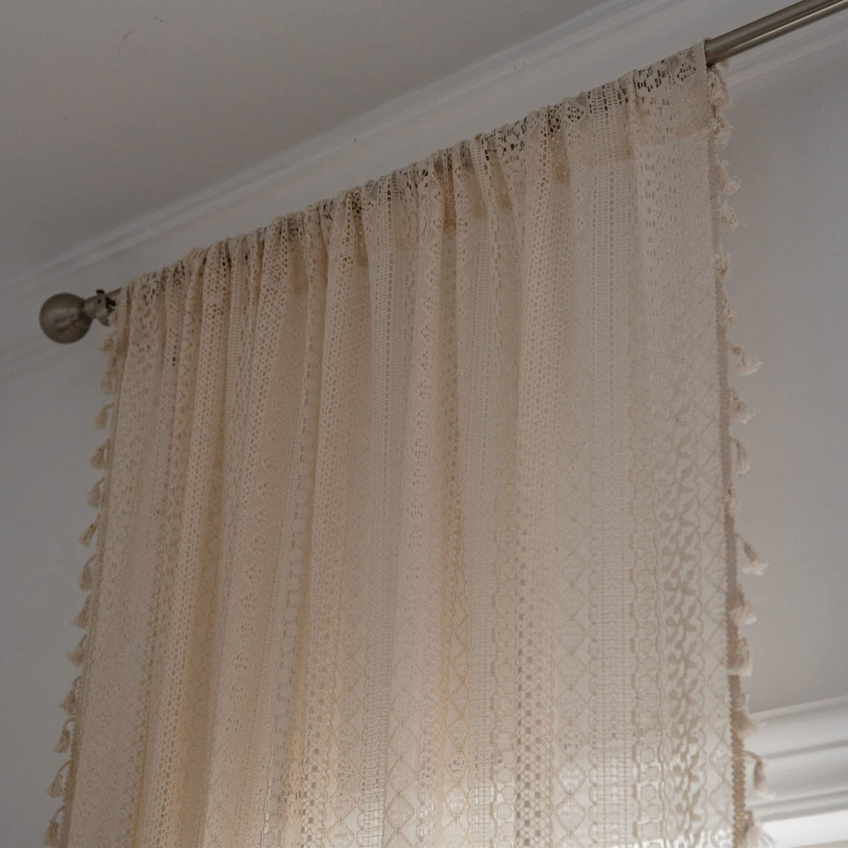 Sutuo Home Boho Curtains Crochet Lace Semi-Sheer Bohemian Hollow Knitted Handmade Tassels, Rod Pocket Window Treatment Vintage Rustic Farmhouse Drapes for Living Bedroom, 1 Panel 59" W x 63" L, Beige