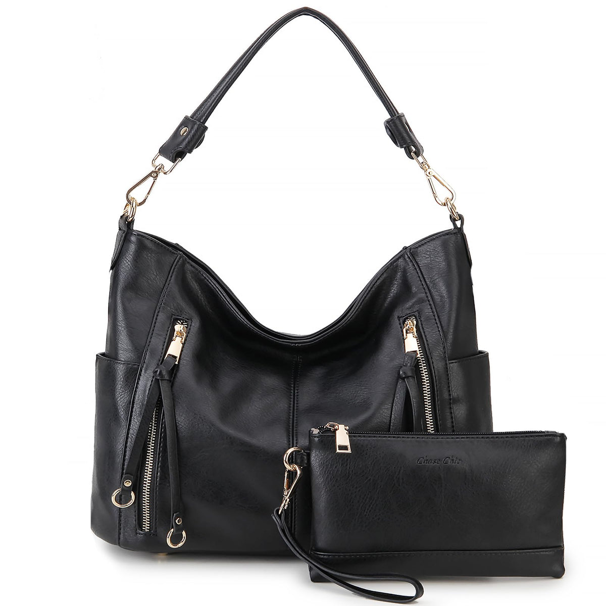 Chase Chic Hobo Bag for Women, PU Leather Ladies Purse and Handbags with Adjustable Strap Trendy Large Crossbody Shoulder Bucket Bag for Work,Travel(Black)