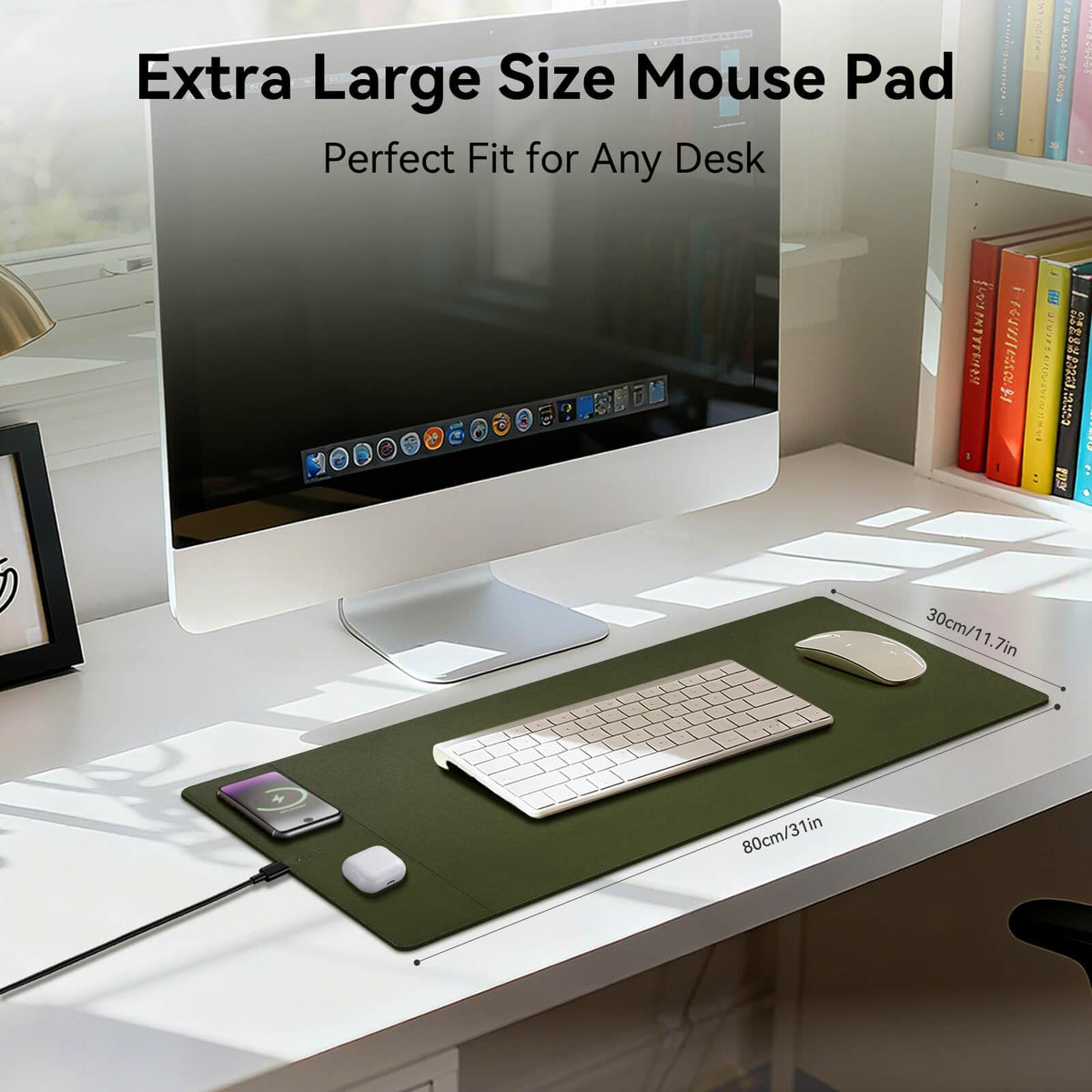 Hi-HONX Wireless Charging Mouse Pad, 15W Fast Charge Magnetic Charger Desk Pad, Large Office Desk Mat (31"x11.7") with Ultra-Smooth Surface, Green Computer Mousepad for MacBook, PC, Laptop