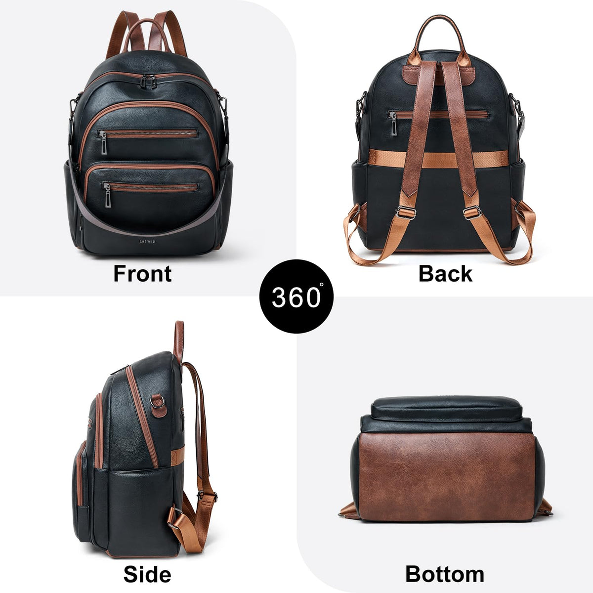 LATMAP Backpack Purse for Women Laptop Backpack, Leather Travel Backpack Shoulder Bag Teacher College Daypack Work Handbag fits 14" Laptop-Black with Brown