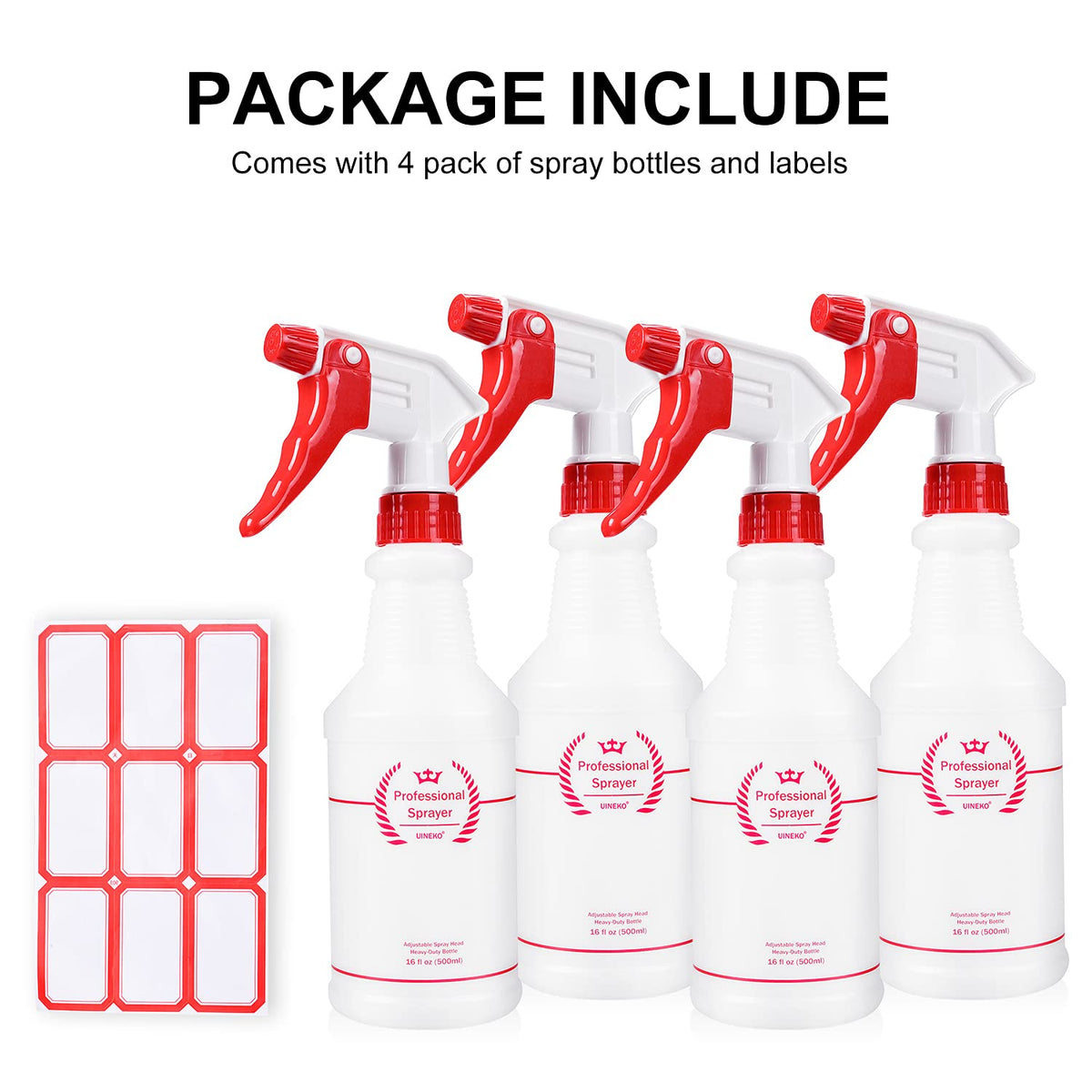 Uineko Plastic Spray Bottle (4 Pack, 16 Oz, All-Purpose) Heavy Duty Spraying Bottles Leak Proof Mist Empty Water Bottle for Cleaning Solution Planting Pet with Adjustable Nozzle and Measurements