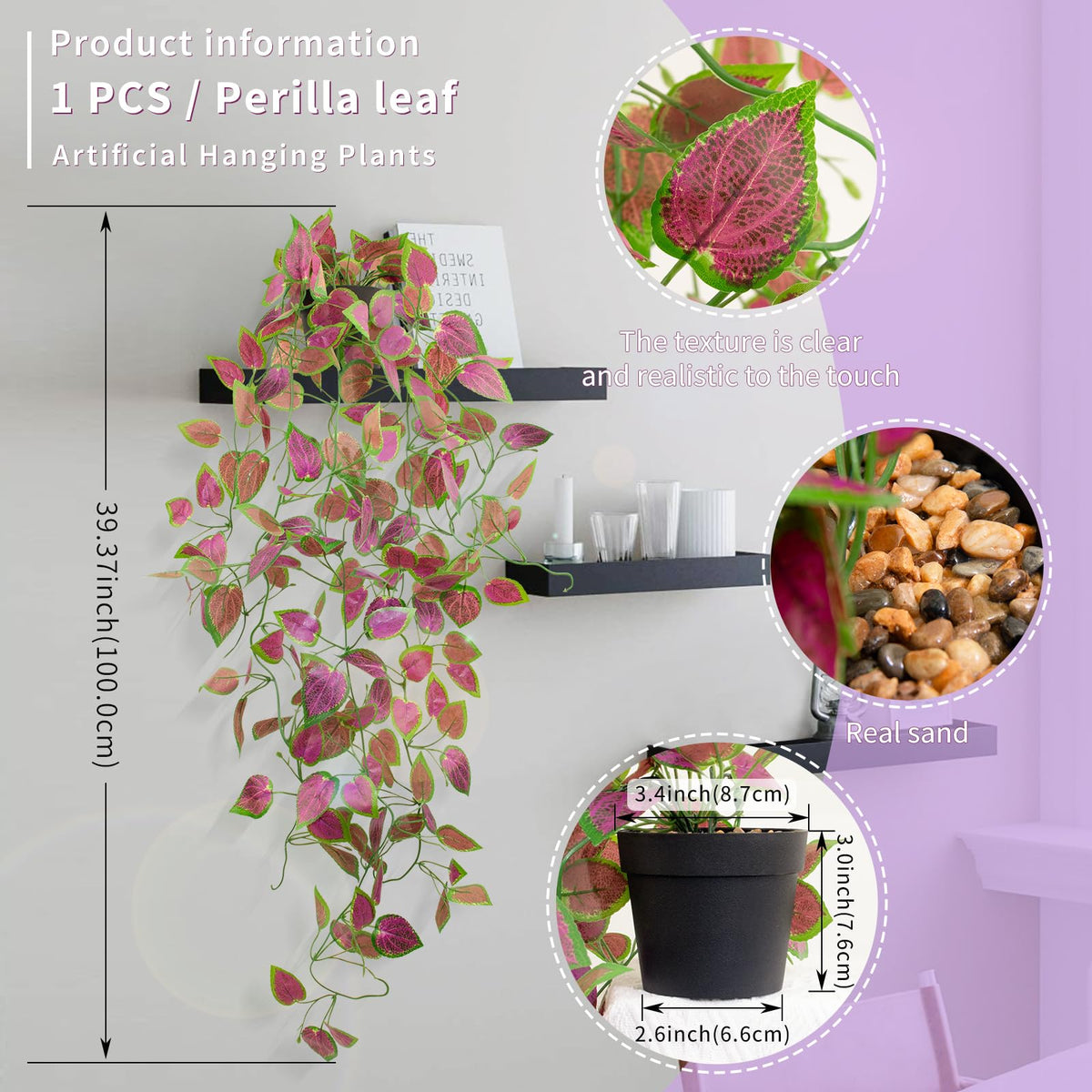 LOYWREE Artificial Purple Ivy Hanging Vine Plants - Small Potted Long Trailing Cascading Foliage, Gothic Home Decor for Indoor/Outdoor, Office, Garden & Shelf (Black Pot)