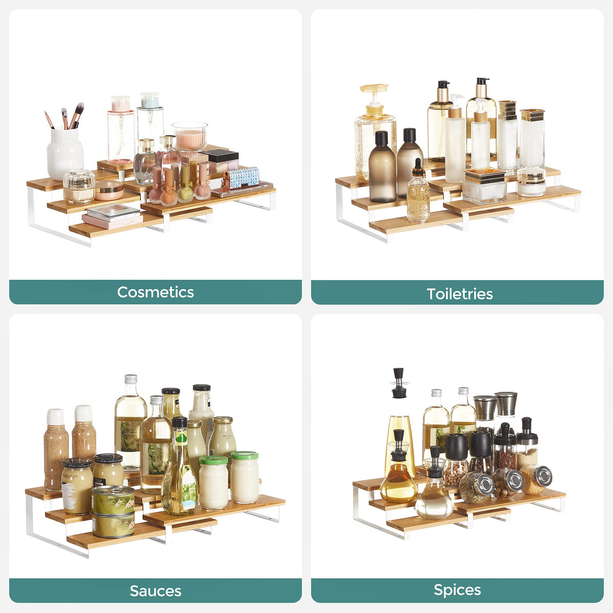 SONGMICS Display Risers, Set of 2 Engineered Wood Perfume Organizer Stand, 3-Tier Cupcake Stand Holder, Spice Rack, Shelf Risers for Figures, Dessert Shelves, Natural Beige and Cloud White UKCS016N02