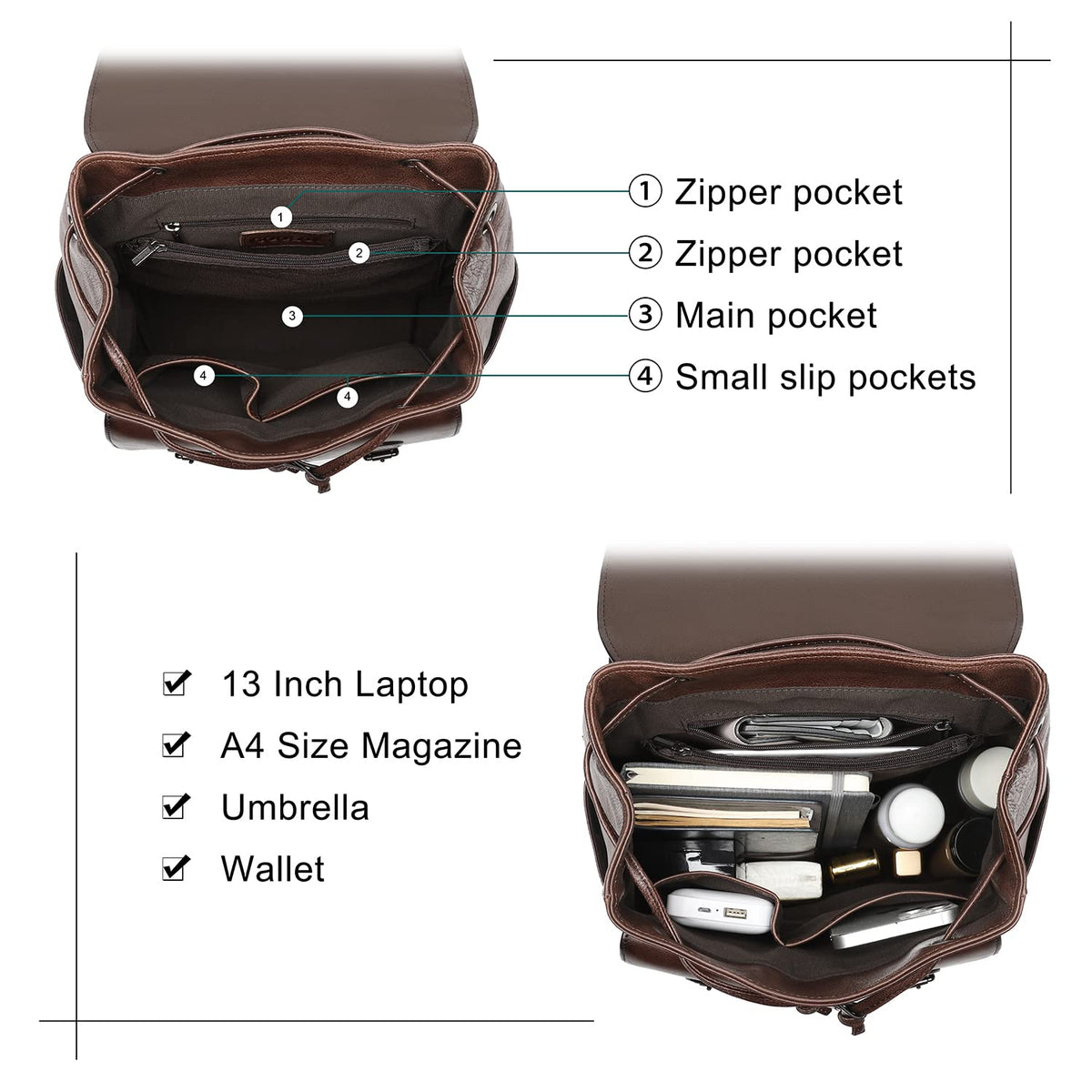 COOLCY Women Vintage Genuine Leather Backpack Purse Fashion Rucksack Practical and Stylish Retro Daypack Bag (Coffee)