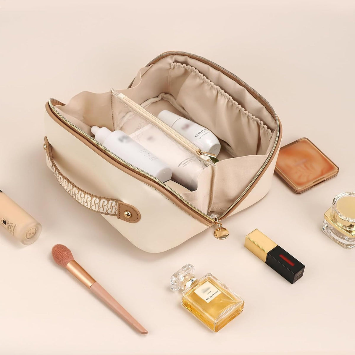 Prite Makeup Bag for Women Travel Waterproof Vegan Leather Cosmetic Bag Open Flat Toiletry Bag With Clear Divider and Handle (Beige, Medium)