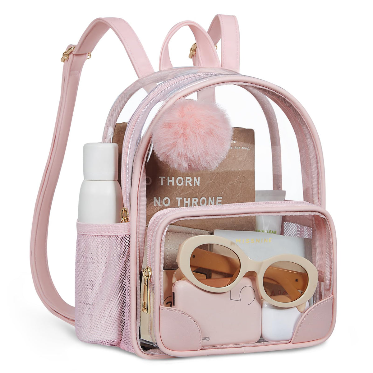 Missnine Small Clear Backpack for Stadium Events Anti-theft Mini Clear Bag for Sport Event Concert with Cute Pom-pom Ball