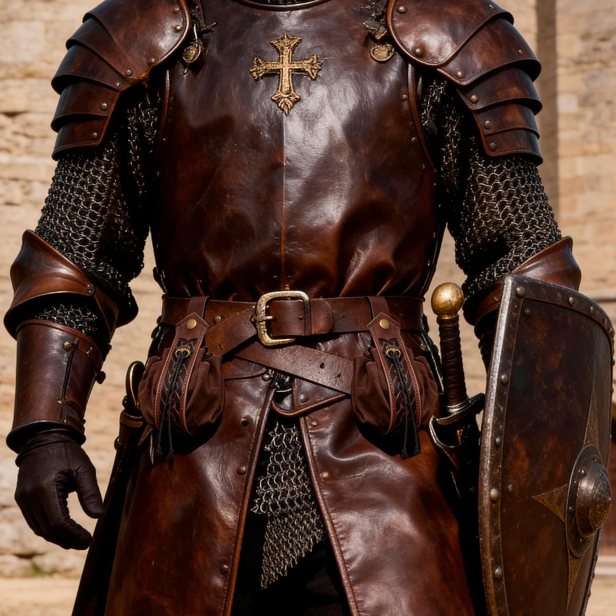 SUMGOGO Medieval Belt Pouch, Faux Leather, Renaissance Style, Small Drawstring Coin Purse, 2 Pack (A-Brown)