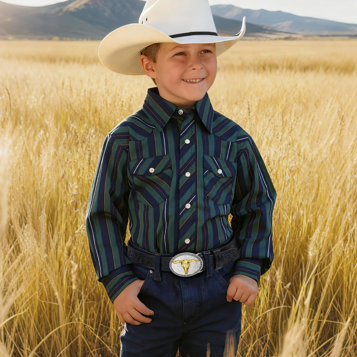 SANSTHS Kids Western Belt for Boys Girls Genuine Leather Cowboy Cowgirl Belts with Detachable Buckle for Jeans Western Gifts, Golden Bull Buckle/Black Belt