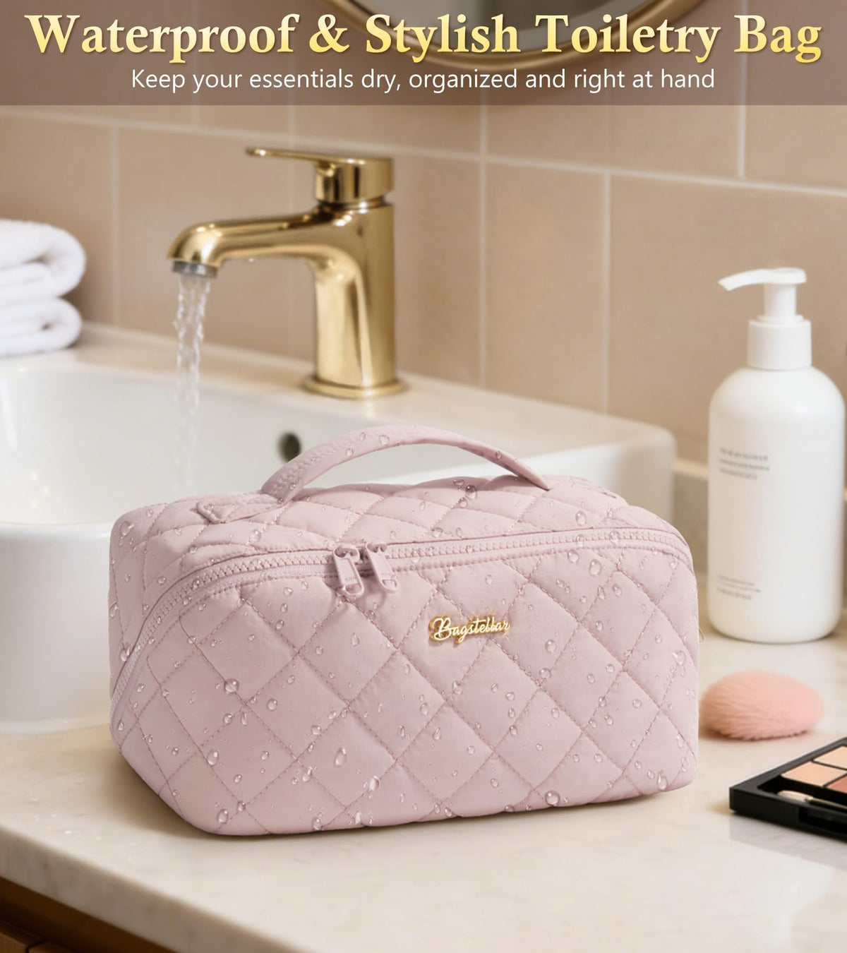 Travel Makeup Bag, 3 Pcs Large Capacity Puffy Toiletry Bag for Women, Open Flat Make up Cosmetic Organizer w/Handle & Clear Divider Water-resistant Portable Pouch Travel Essentials, L-Light Pink