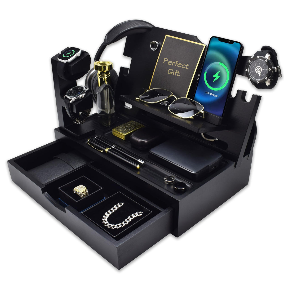 KWYADLUO Nightstand Organizer for Men with Large Drawer, Wood Phone Docking Station for Phone, Apple Watch, Wallet & Keys, Ideal Birthday Gift for Father Husband Wife, Bedside Desk Organizer (Black)
