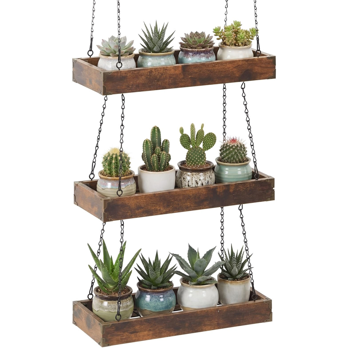 Otoolling 3 Tier 16" Hanging Window Plant Shelf Wood Frame Metal Chain Large Hanging Herb Planter Holder Indoor Display Floating Wall Flower Pot Organizer Storage for Herbs Microgreens Succulents
