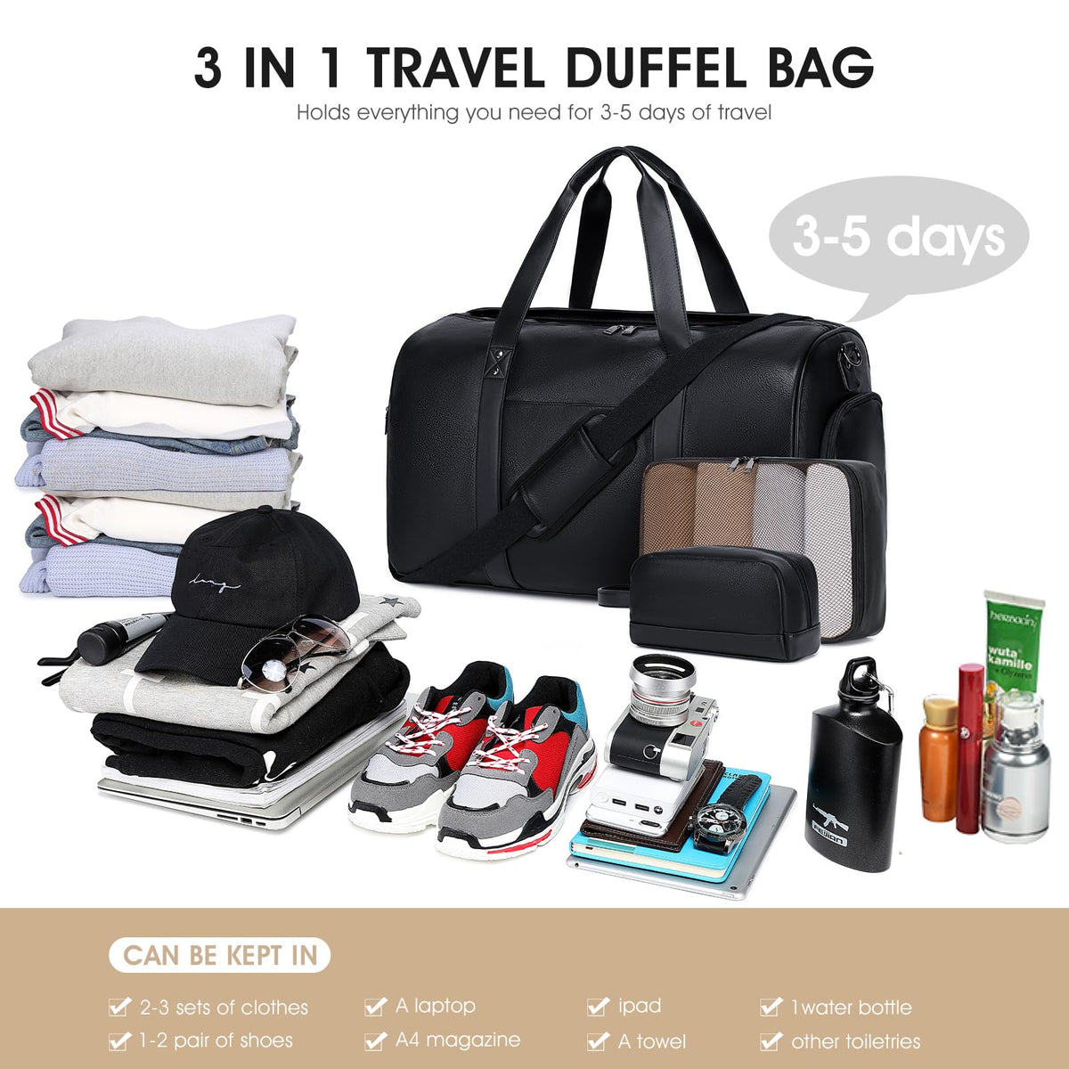Wogarl 3PCS Leather Weekender Bag for Women Men: Large Overnight Travel Duffel Bags with Shoe Compartment Toiletry Packing Cube Carry On Tote Fit 21"(Black)