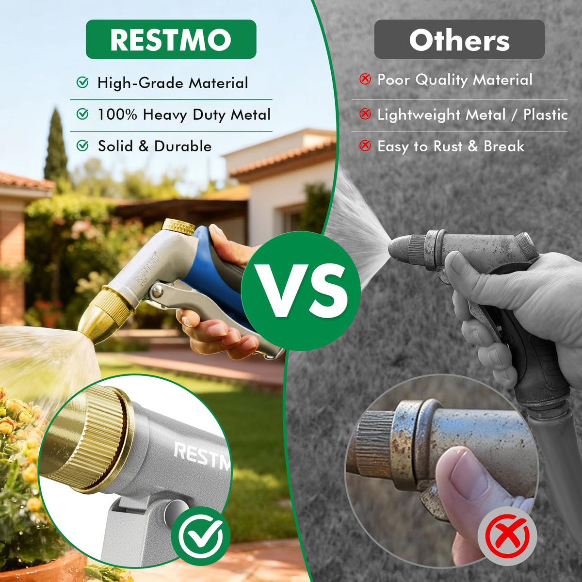 RESTMO Heavy Duty Metal Water Hose Nozzle, High Pressure Garden Hose Nozzle, Hose Sprayer Nozzle with Adjustable Spray Patterns for Garden Watering, Car Washing, Patio and Pet, Blue
