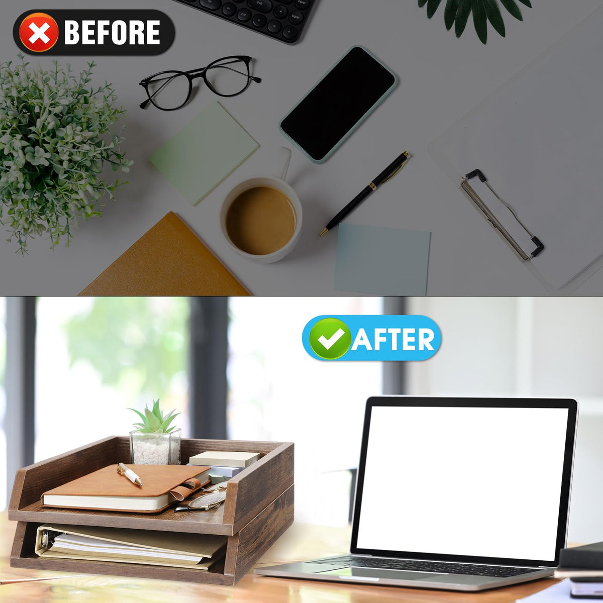 DoubleFill 2 Pcs Wooden Letter Trays Wood Letter-Size Desk Organizer Heavy Duty 2 Tier Stackable Supports Paper Tray Desktop Drawer Organizer File Folder Magazine Office Accessories (Dark Wood)