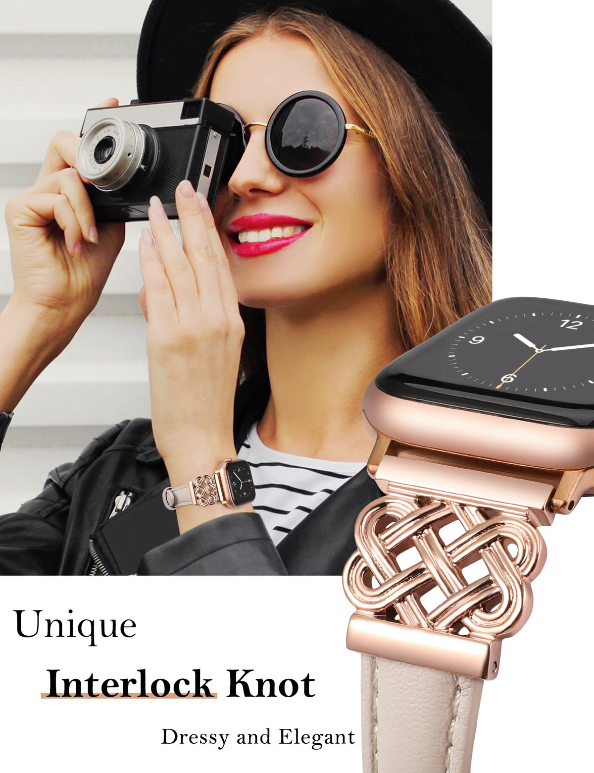 TOYOUTHS Compatible with Apple Watch Bands Women 38/40/41/42mm Dressy Slim Leather Strap with Celtic Knot Interlock Buckle Bracelet for iWatch Series 11 10 9 8 7 6 5 4 SE 3 2 1, Starlight/Rose Gold