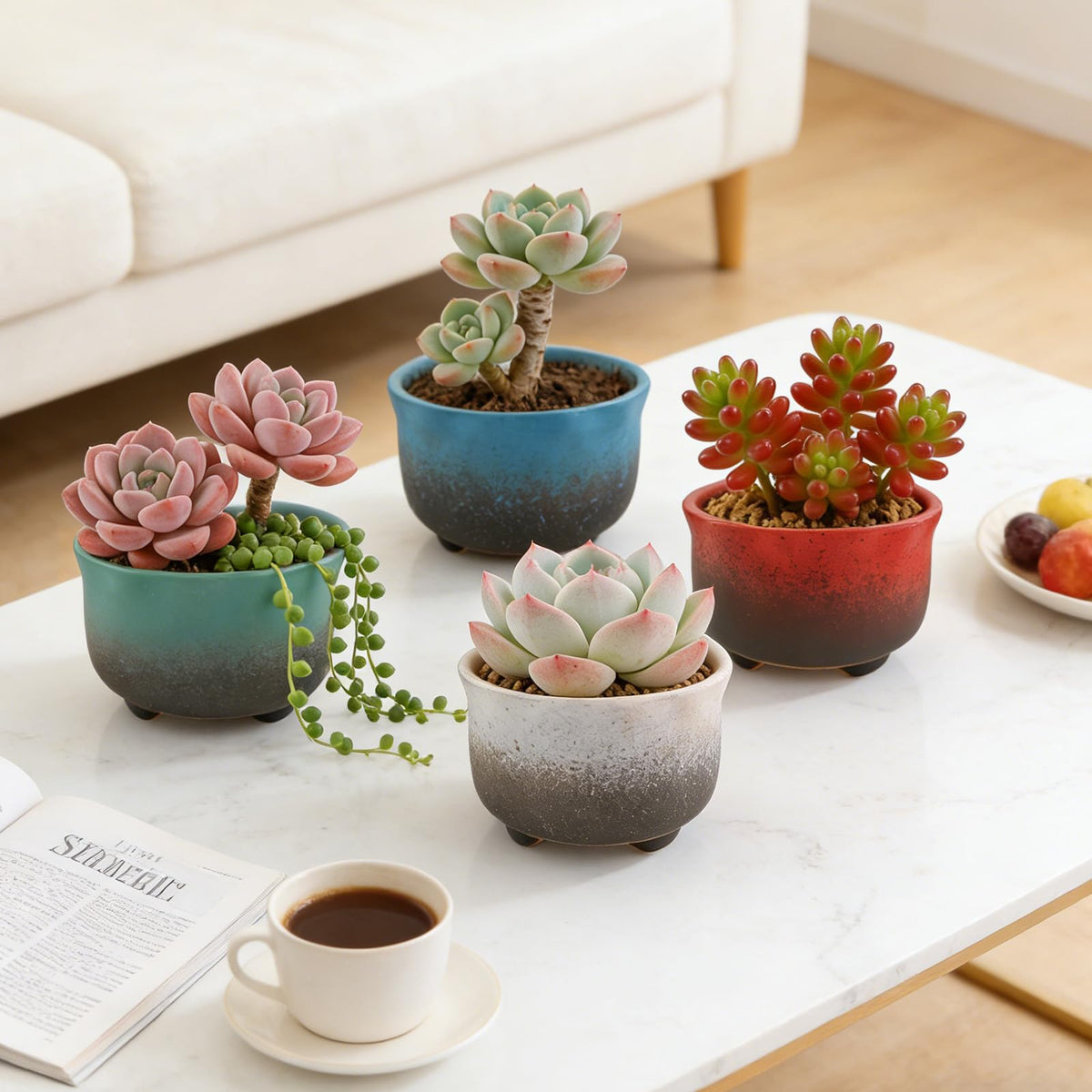 ginojex Small Ceramic Garden Pots Succulent Plant Planter Container with Drainage Set of 5 for Home Office Decor