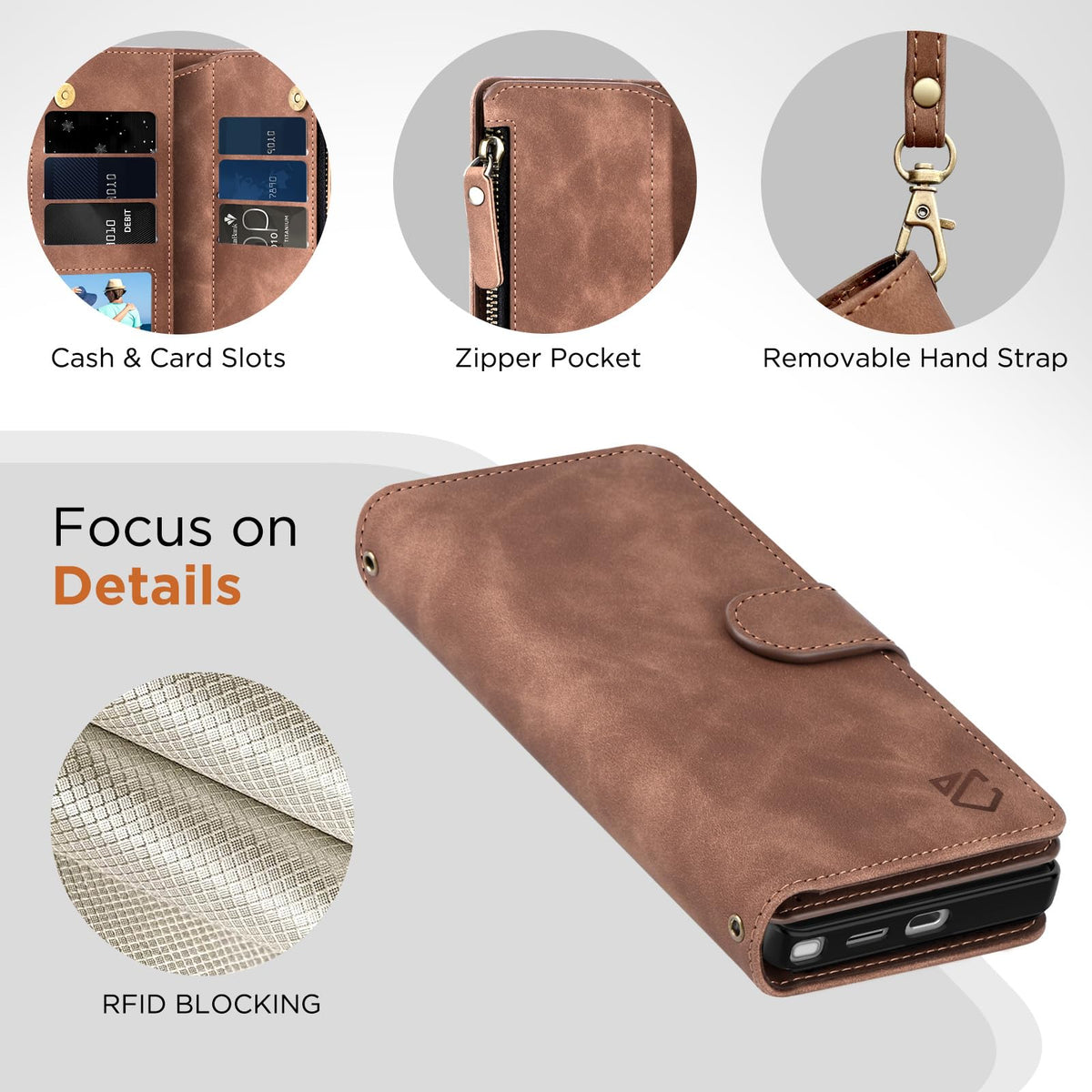 CAESBON for Samsung Galaxy S26-Ultra-Wallet Case: with RFID Blocking Card Slots (6 Cards) | Soft PU Leather Magnetic Snap Zipper Pocket | Crossbody Wrist Strap Protective Phone Cover - Brown