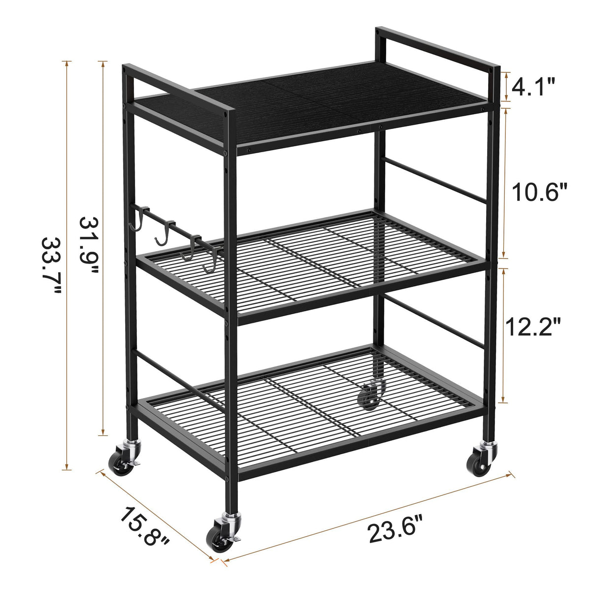 XIVIRACK 3-Tier Metal Storage Rack with Industrial Wheels,Mesh Shelving Unit with Wooden Table top,Adjustable Shelf,23.6-Inch Width,15.8-Inch Depth, for Kitchen, Laundry,Pantry,Plant,Black panel
