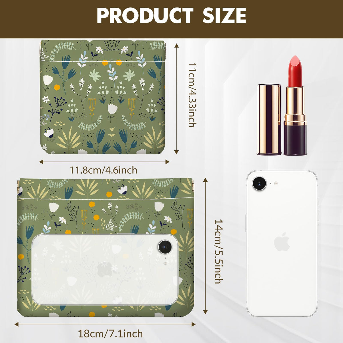 Luoycxy 2 PCS PU Leather Small Makeup Bag Set for Purse,No Zipper Self-closing Cosmetic Bag, Portable Coin Purse Lipstick Accessories Organizer Travel Toiletry Storage Pouch for Women,Green Flower