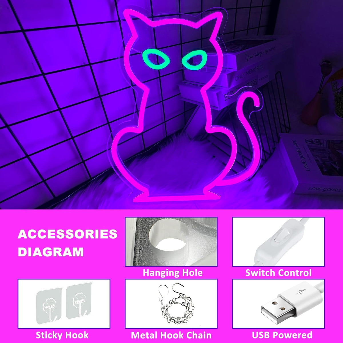 Cat Neon Signs for Wall Decor, Purple Cat LED Neon Sign USB Powered, Halloween Cat LED Light Table Decoration for Bar, Christmas, Wedding, Birthday Party