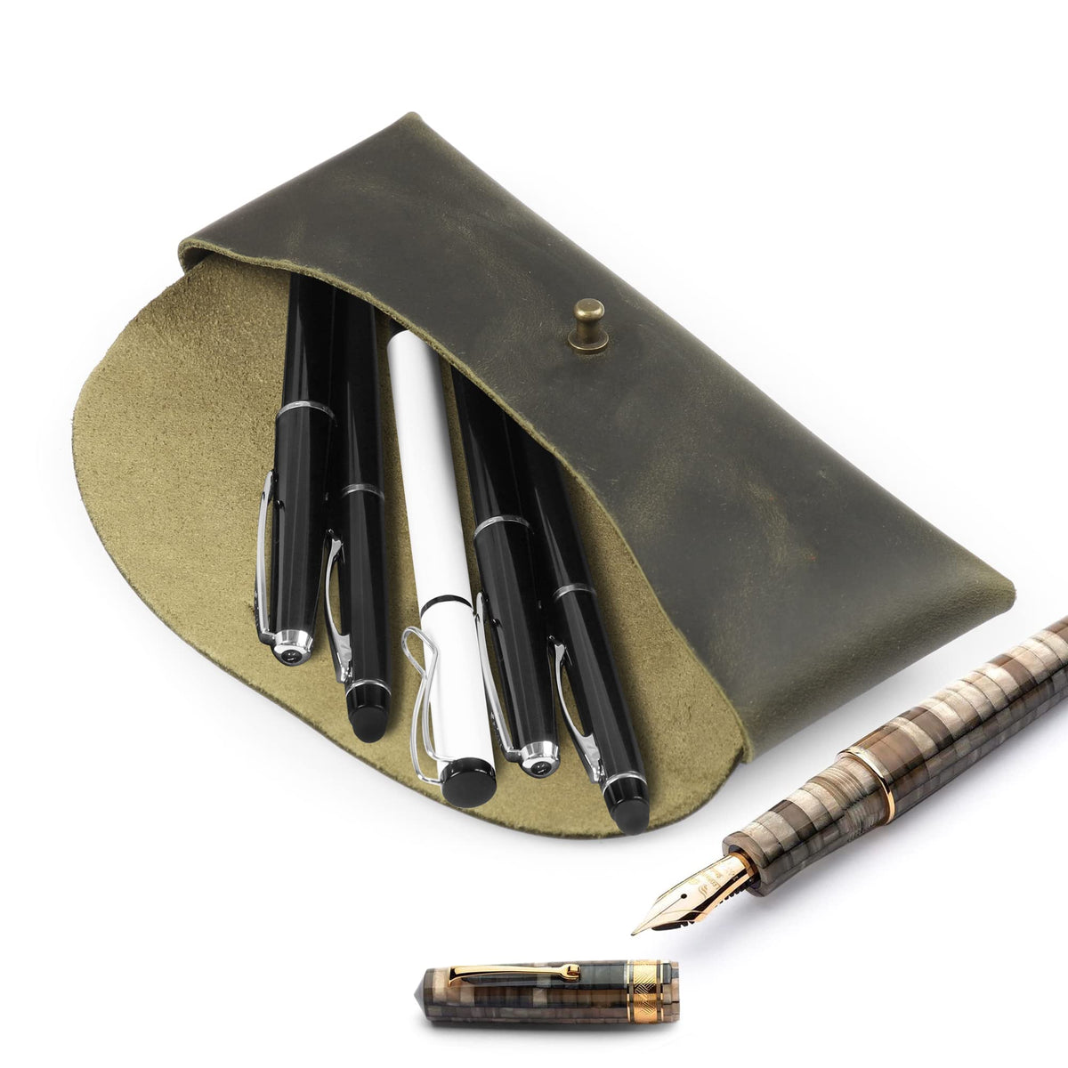 Londo Genuine Leather Retro Pen and Pencil Case - Metal Snap Fastener, Pencil Pouch Stationery Bag