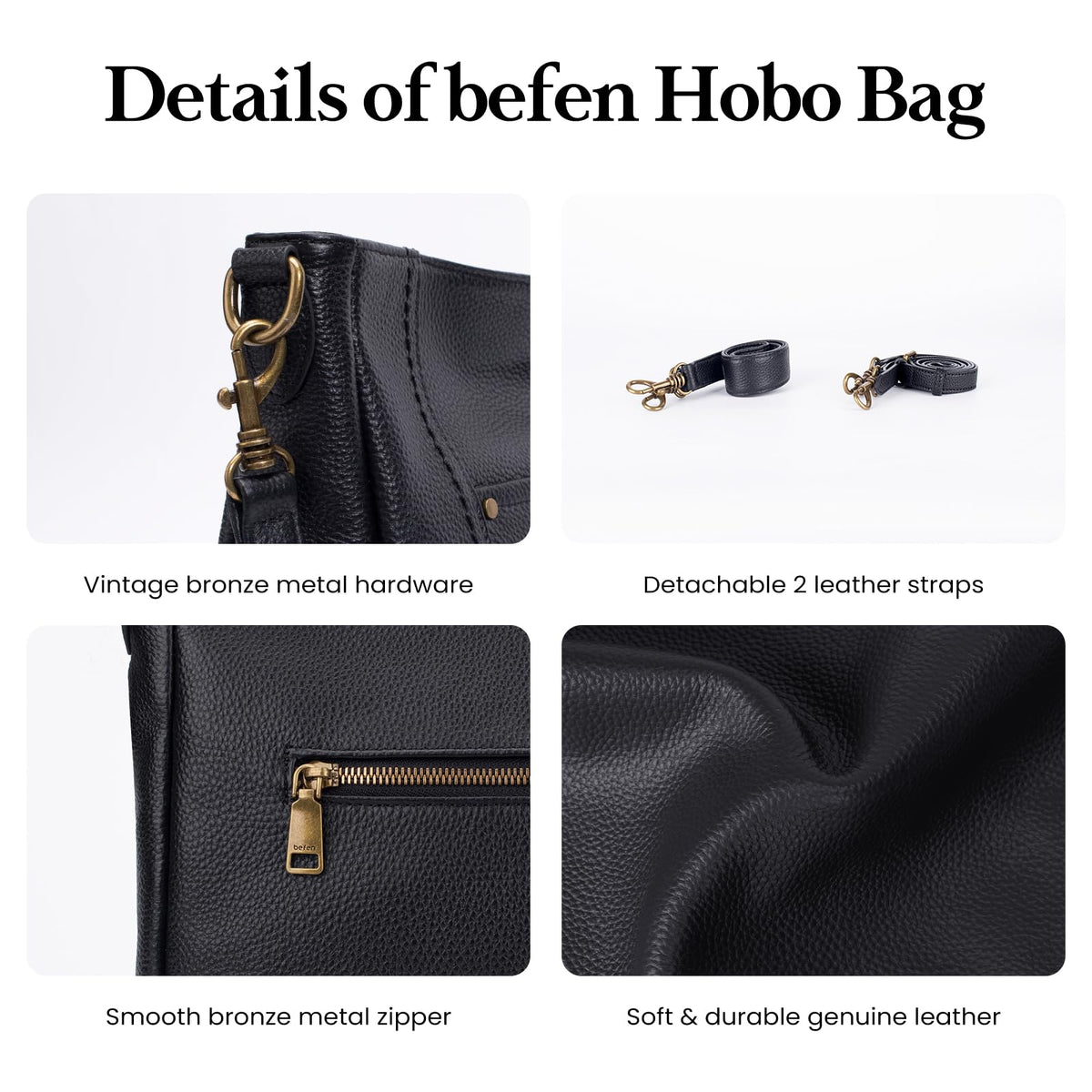 befen Black Genuine Leather Hobo Crossbody Bags for Women Retro Leather Purses Handbags Shoulder Bag with 2 Shoulder Straps